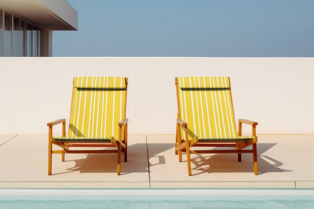 Yellow poolside chairs under sunlight