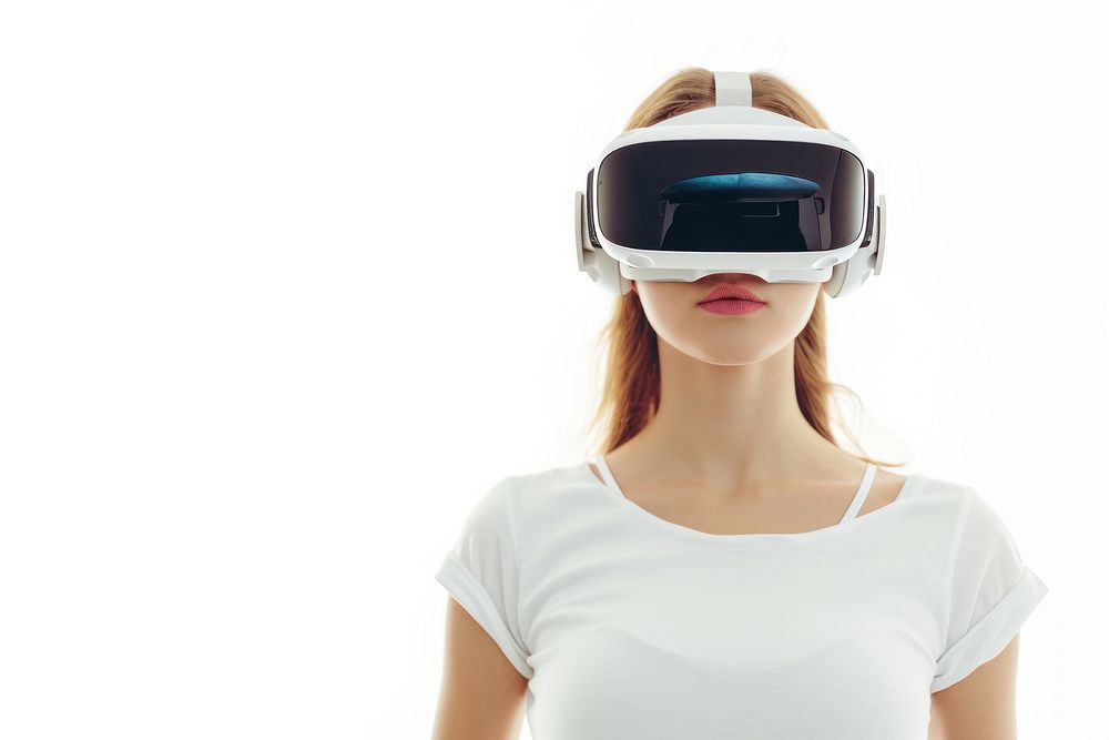 Woman wearing VR glasses futuristic white background accessories technology.