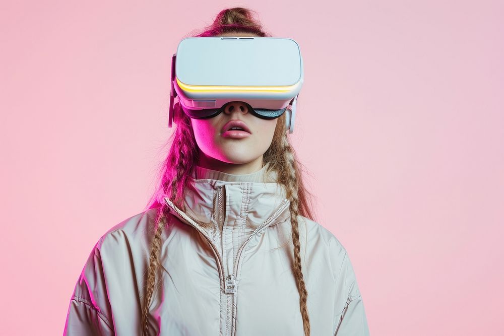 Woman wearing VR glasses futuristic photography accessories technology.