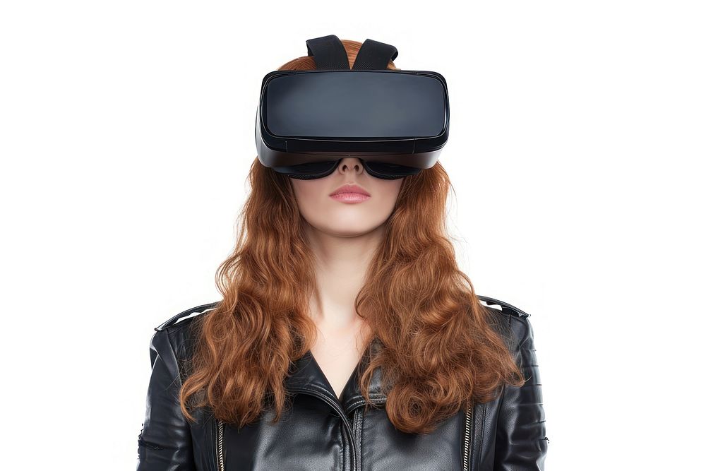 Woman wearing VR glasses with costume futuristic style photography portrait white background.