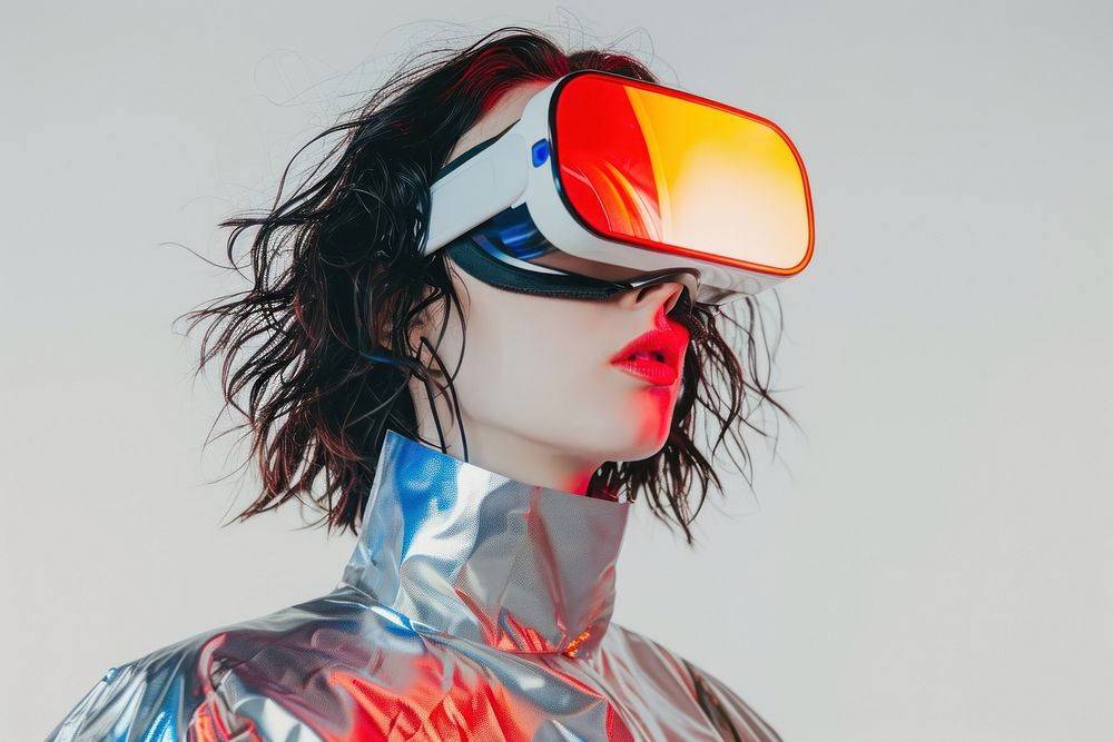Woman wearing VR glasses with costume futuristic style adult technology hairstyle.