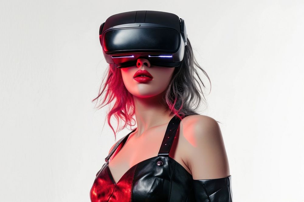 Woman wearing VR glasses with costume futuristic style photography sunglasses portrait.