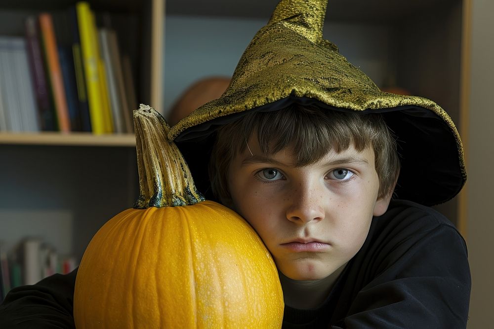 A boy with funny costume holding halloween pumpkin portrait squash plant.
