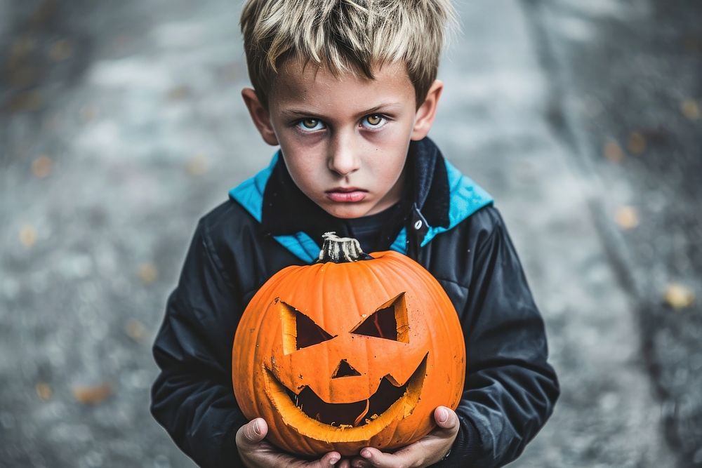 A boy holding halloween pumpkin child anthropomorphic jack-o'-lantern.