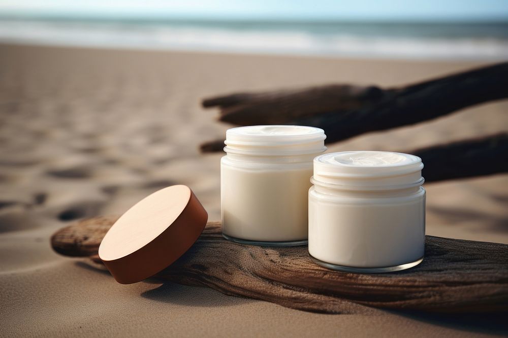 Cream jar and cream bottle beach sand container.