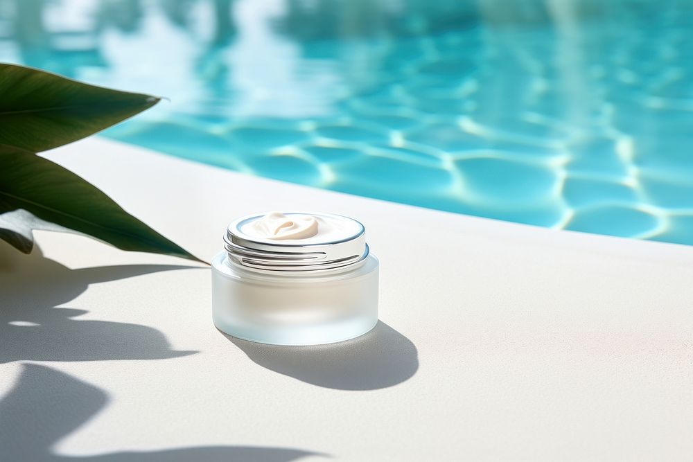 Cream jar and skin care product plant pool outdoors.