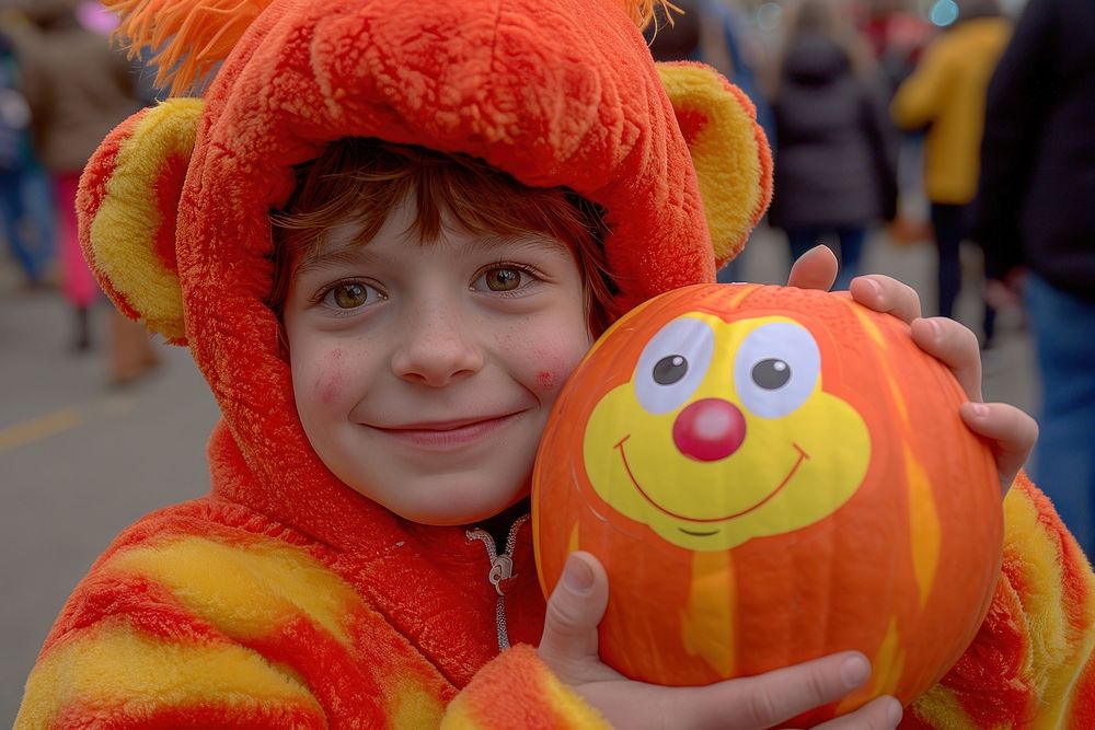 A funny costume kid holding halloween pumpkin festival portrait photo.