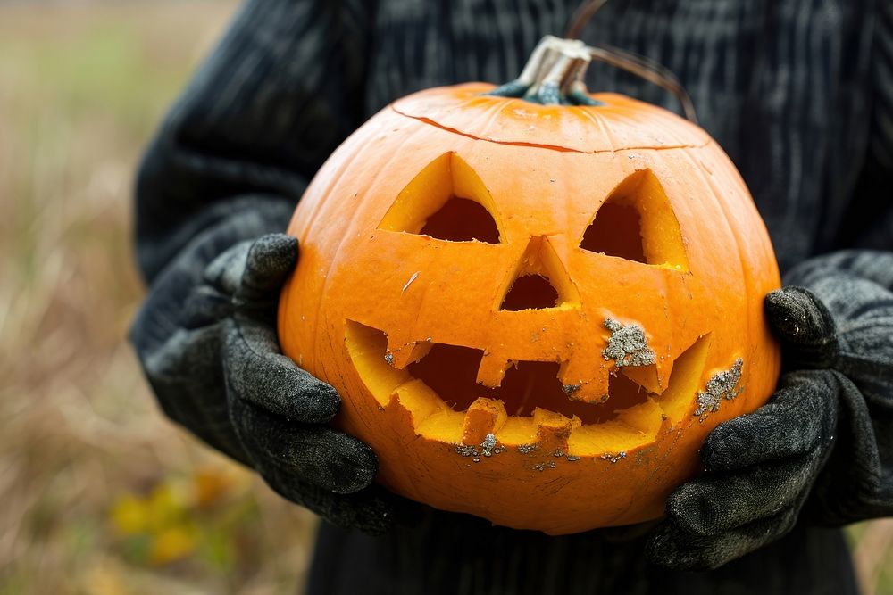A funny costume kid holding halloween pumpkin anthropomorphic jack-o'-lantern jack-o-lantern.