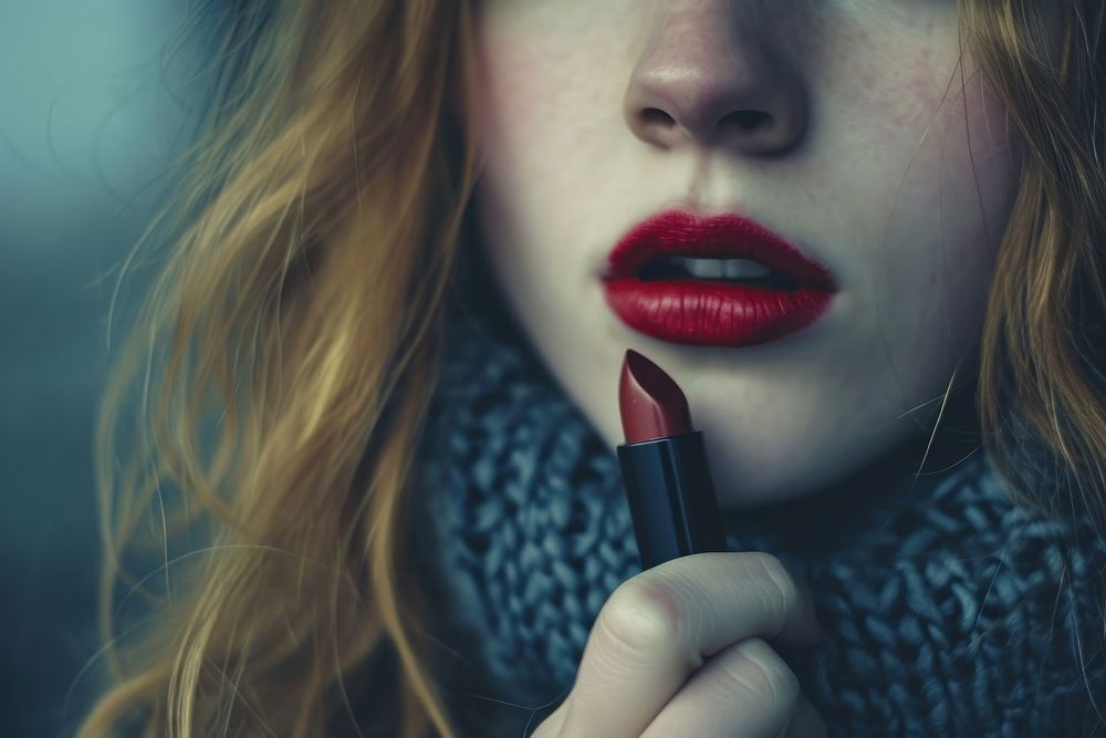 A girl holding lipstick cosmetics hairstyle portrait.