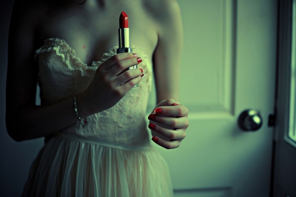 A girl holding lipstick celebration cosmetics portrait.