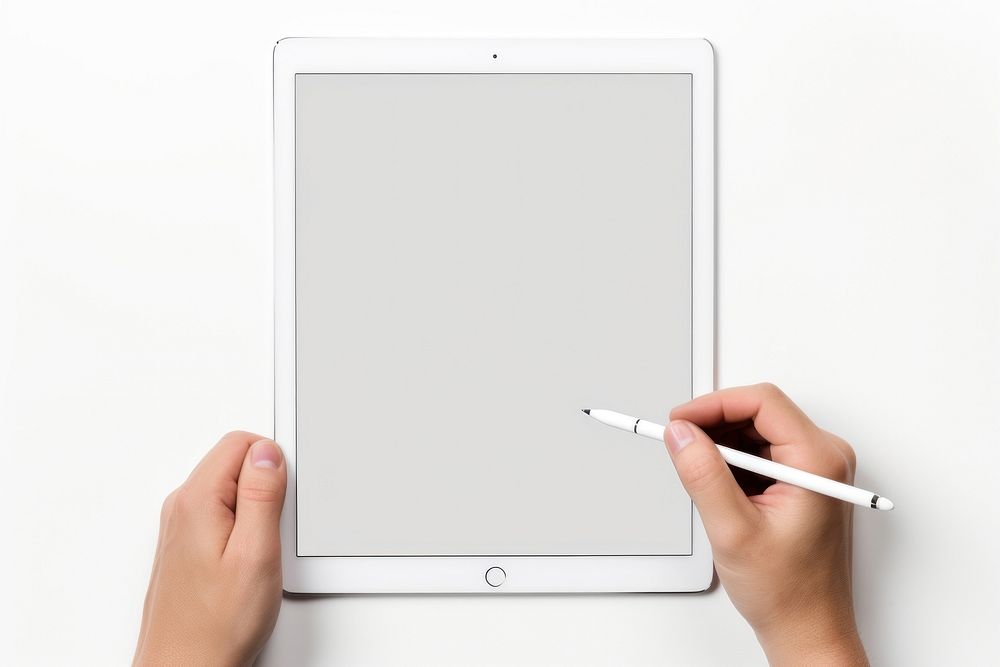 Hand holding a stylus on tablet computer pen white background.