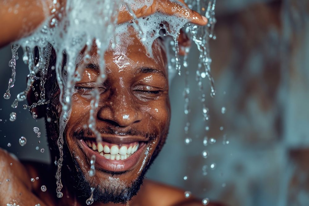 A happy black guy washing hair bathroom shower adult.