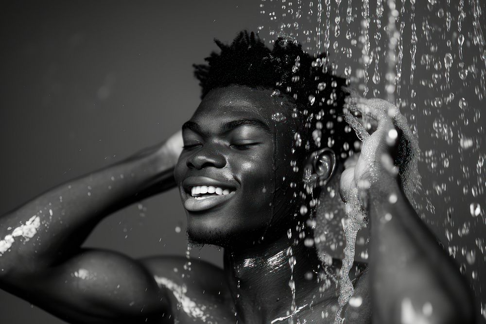 A happy black guy washing hair monochrome happiness hairstyle.