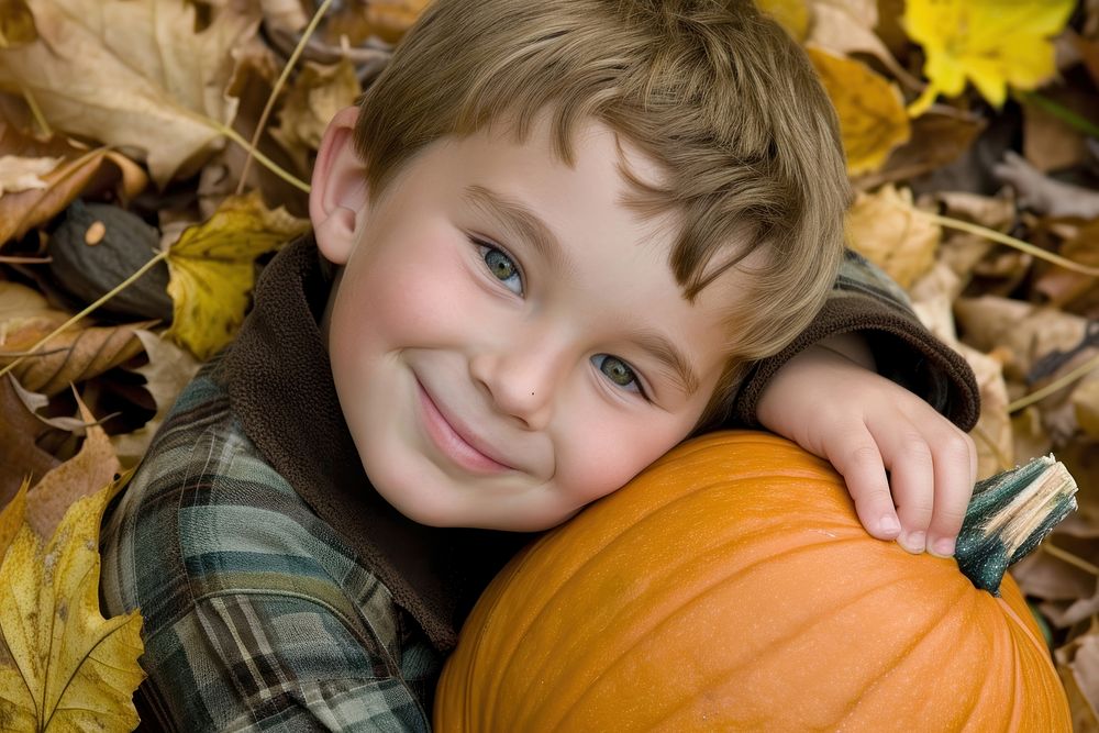 A happy kid holding halloween pumpkin vegetable portrait squash.