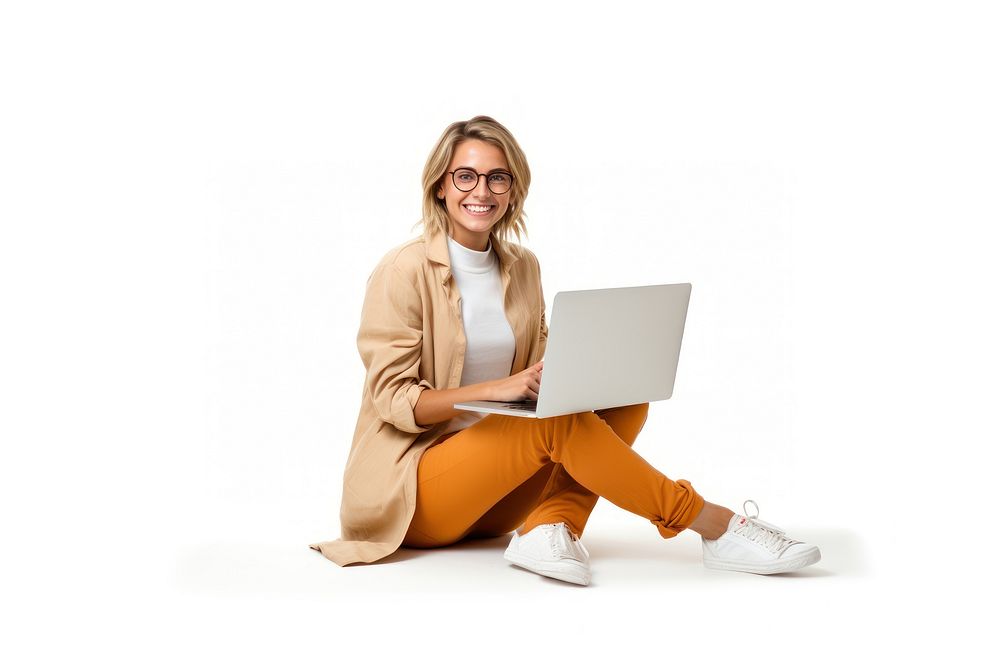 A happy woman sitting with her labtop and succes post computer laptop adult.
