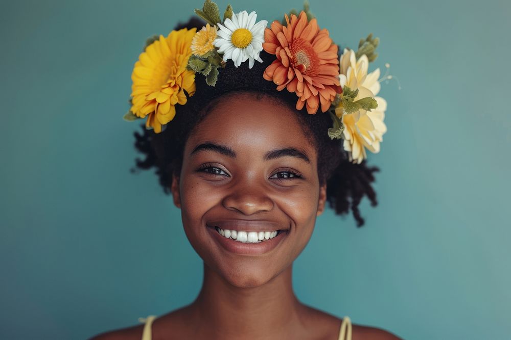 Young african american woman flower portrait adult.
