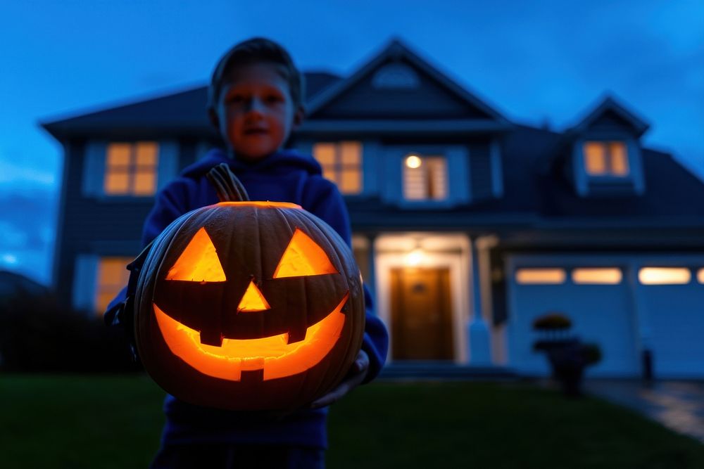 Halloween holding pumpkin house.
