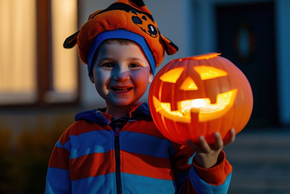 Halloween costume holding pumpkin.