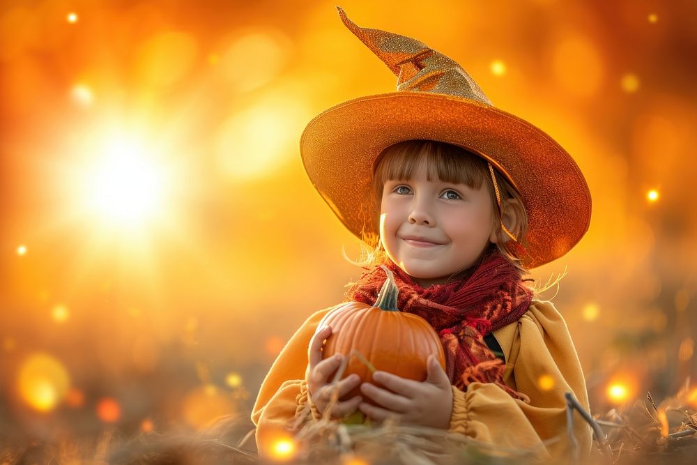 A kid with funny costume holding halloween pumpkin jack-o'-lantern celebration happiness.