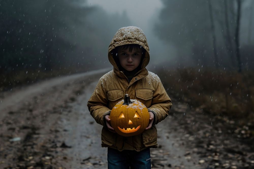 A kid holding halloween pumpkin child anthropomorphic jack-o'-lantern.