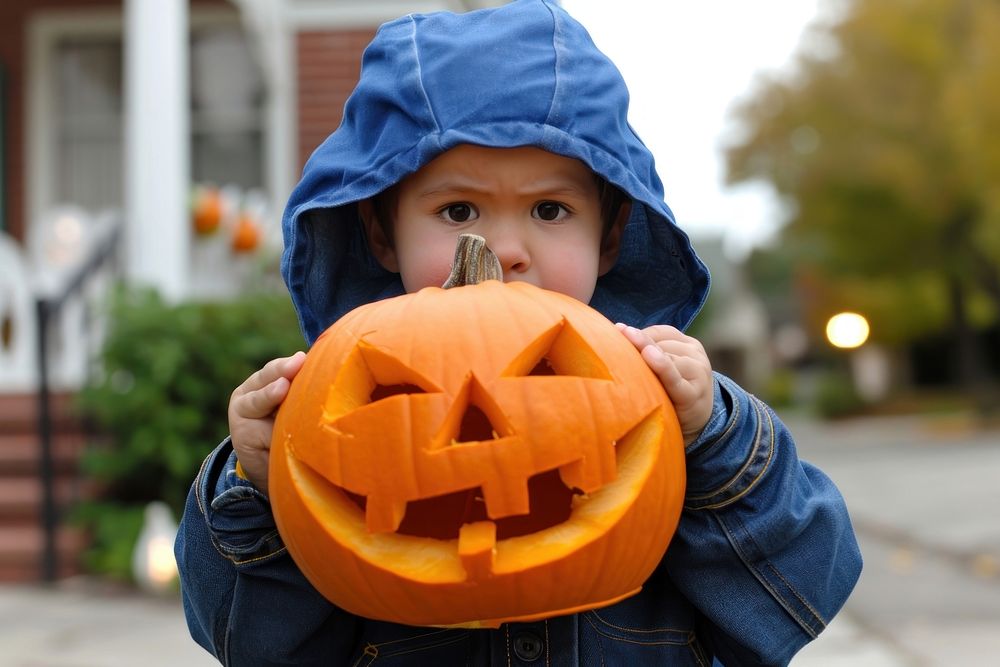 A kid holding halloween pumpkin baby anthropomorphic jack-o'-lantern.