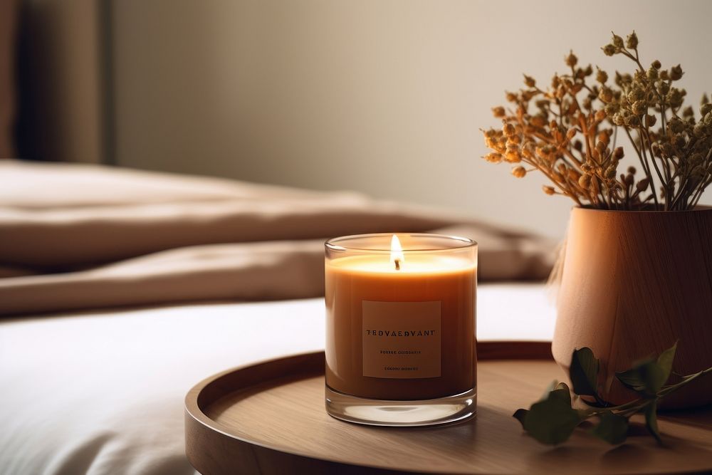 Smelling candle in brown glass with label on table furniture comfortable freshness.