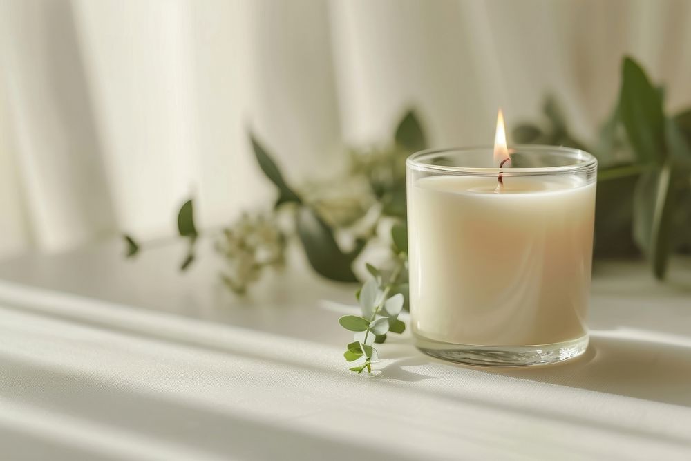 A smelling candle on table milk windowsill freshness.