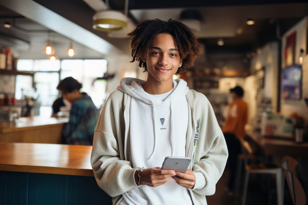 Teenager in streetwear at a cafe with a tablet at cashier smiling adult entrepreneur.
