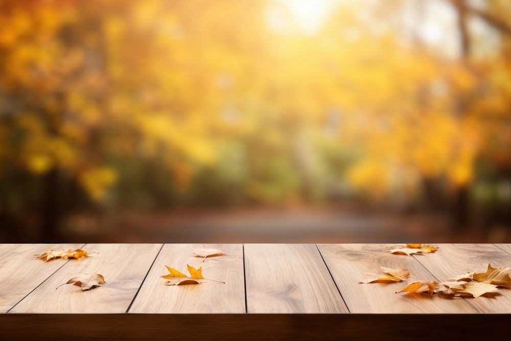 Wooden table with blur autumn leaves nature background backgrounds outdoors plant. AI generated Image by rawpixel.