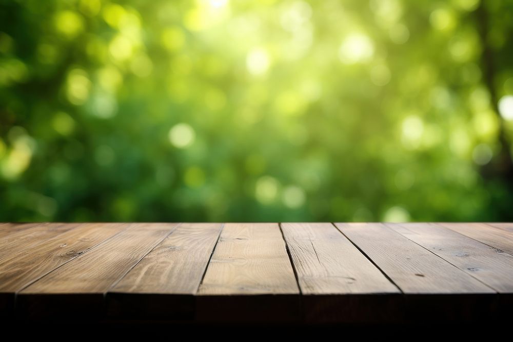 Wooden table with blur light green nature background backgrounds outdoors architecture. AI generated Image by rawpixel.