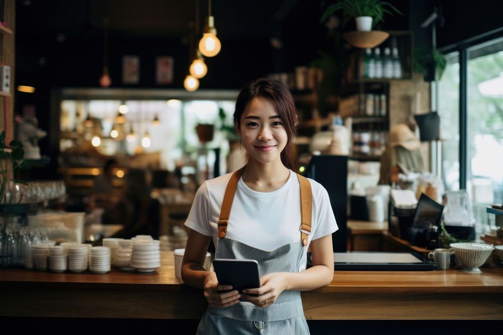 A woman at a cafe with a tablet at cashier smiling adult entrepreneur.
