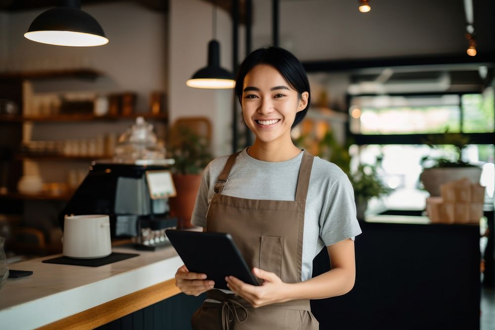 Woman at a cafe with a tablet at cashier smiling adult entrepreneur.