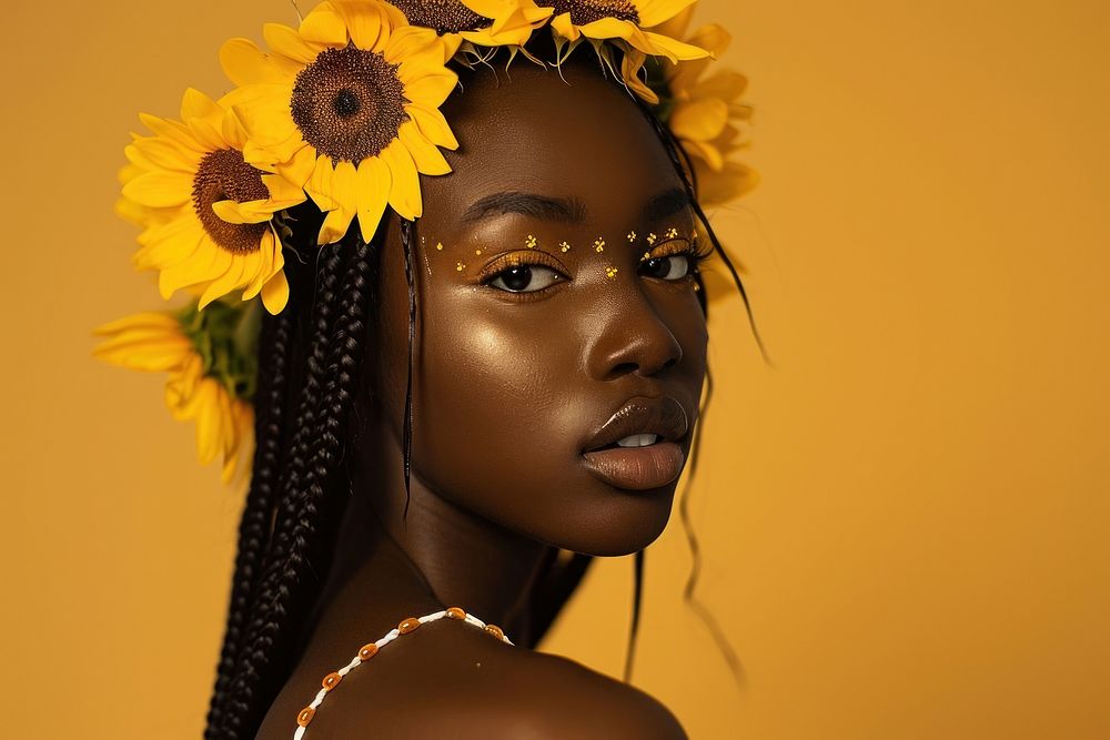 Young african american woman flower sunflower portrait.