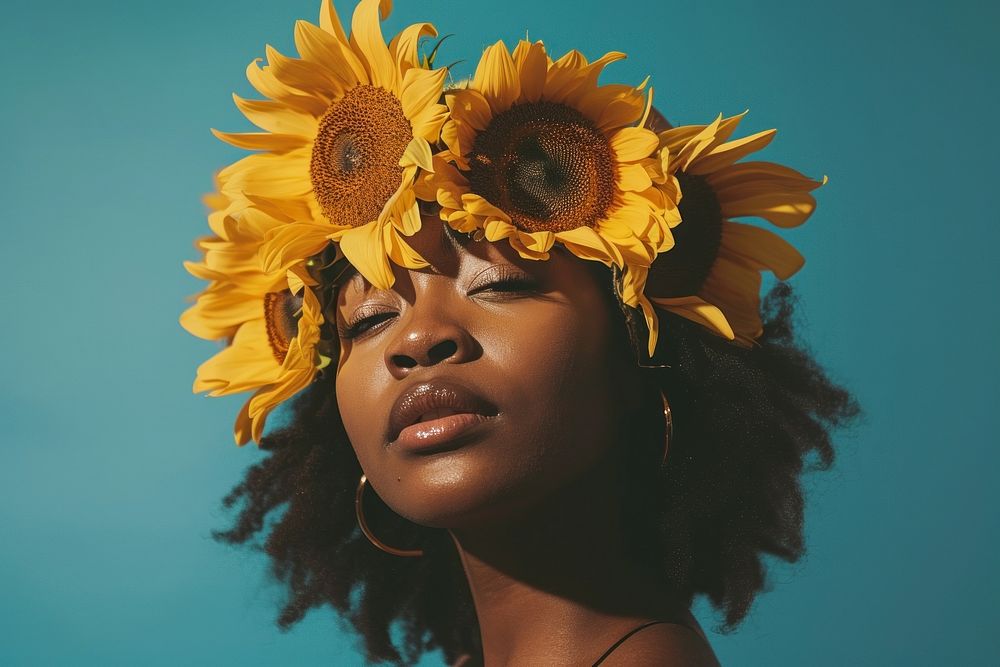 Young african american woman sunflower portrait plant.