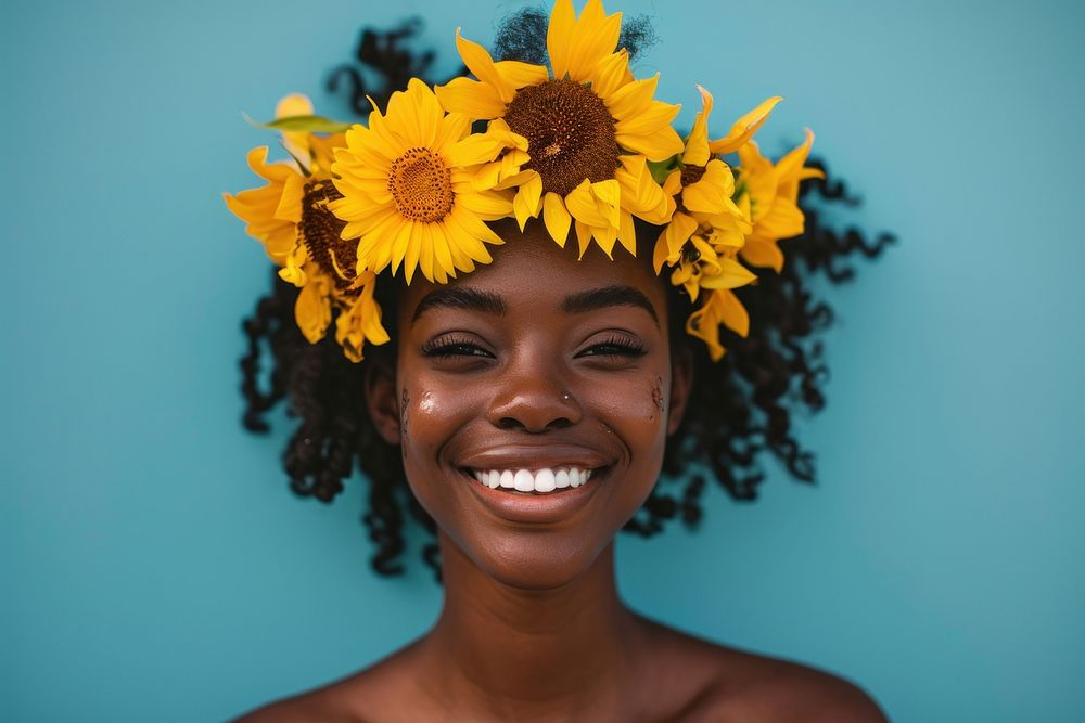 Young african american woman flower sunflower adult.