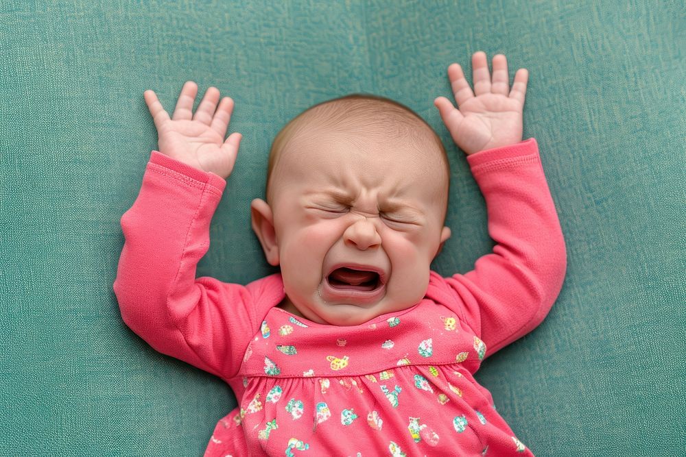 Baby crying yawning frustration displeased.