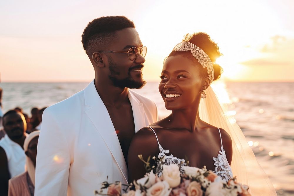 Black couple in wedding ceremony sunset adult bride.