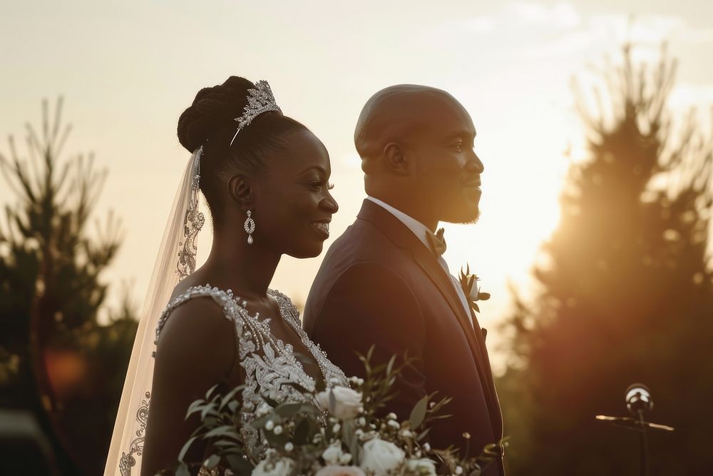 Black couple in wedding ceremony sunset bride adult.
