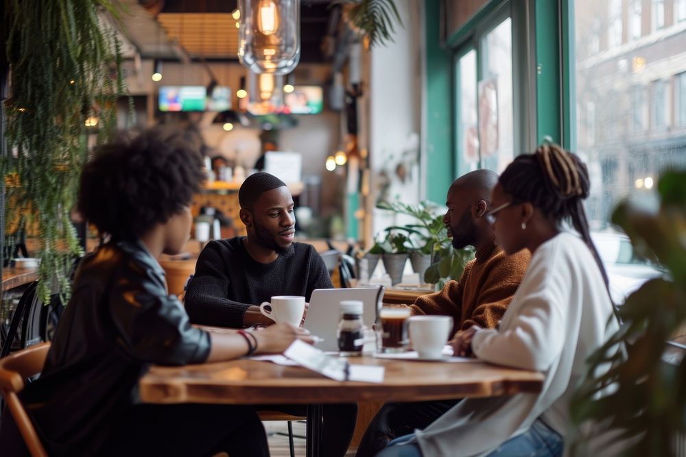 Black people sitting and working together restaurant adult cafe.