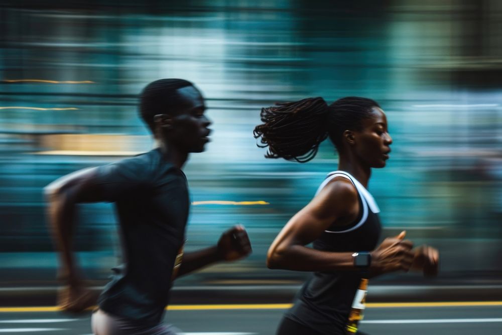 Black people running jogging adult city.