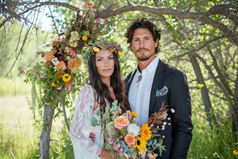 Bride and groom flower tree portrait.