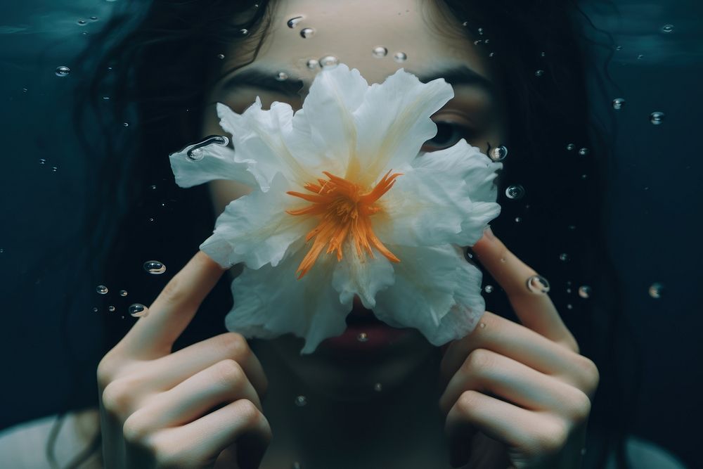 Girl holding flower underwater portrait petal.