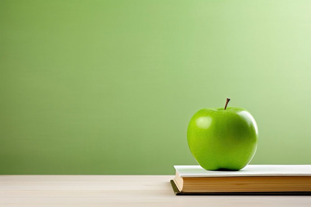 Green apple on book placed education fruit table. AI generated Image by rawpixel.