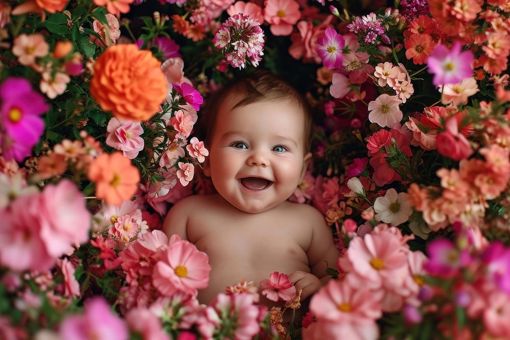 Happy baby in the garden photography laughing portrait.
