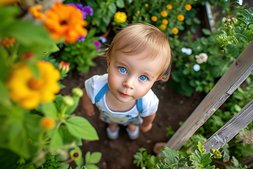 Happy baby in the garden photography gardening portrait.