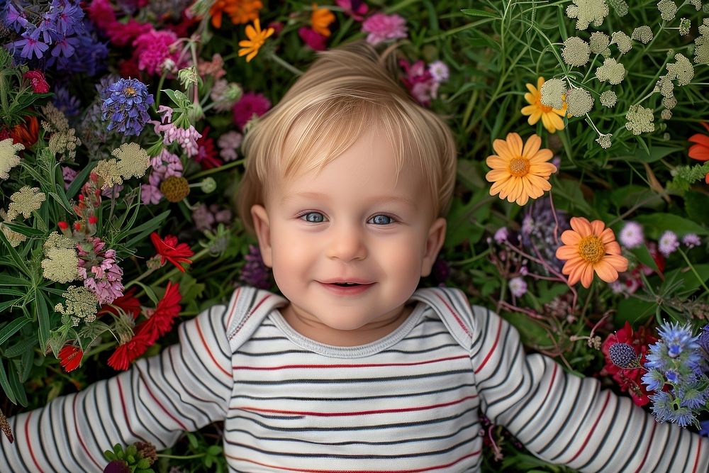 Happy baby in the garden photography portrait outdoors.