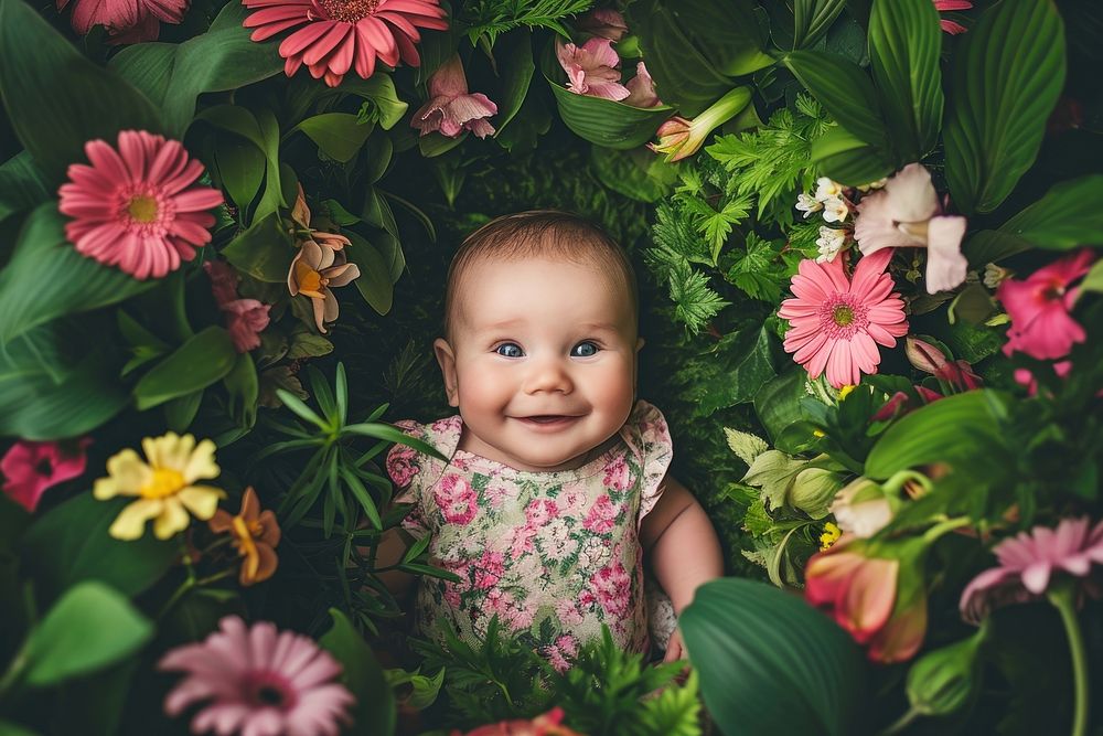 Happy baby in the garden photography portrait flower.