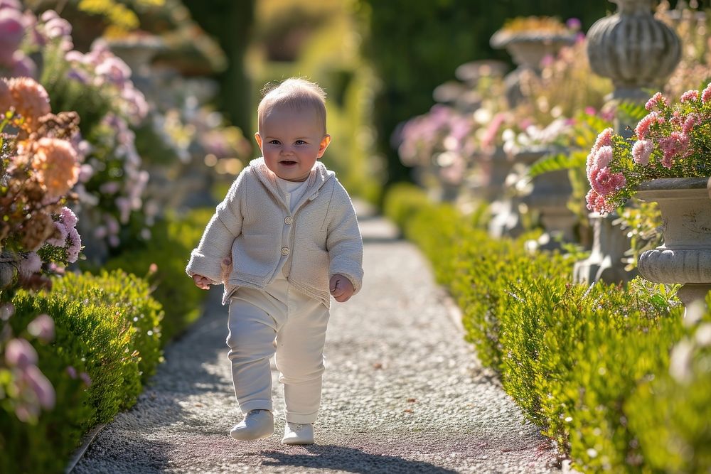 Happy baby walking in the garden outdoors innocence fragility.