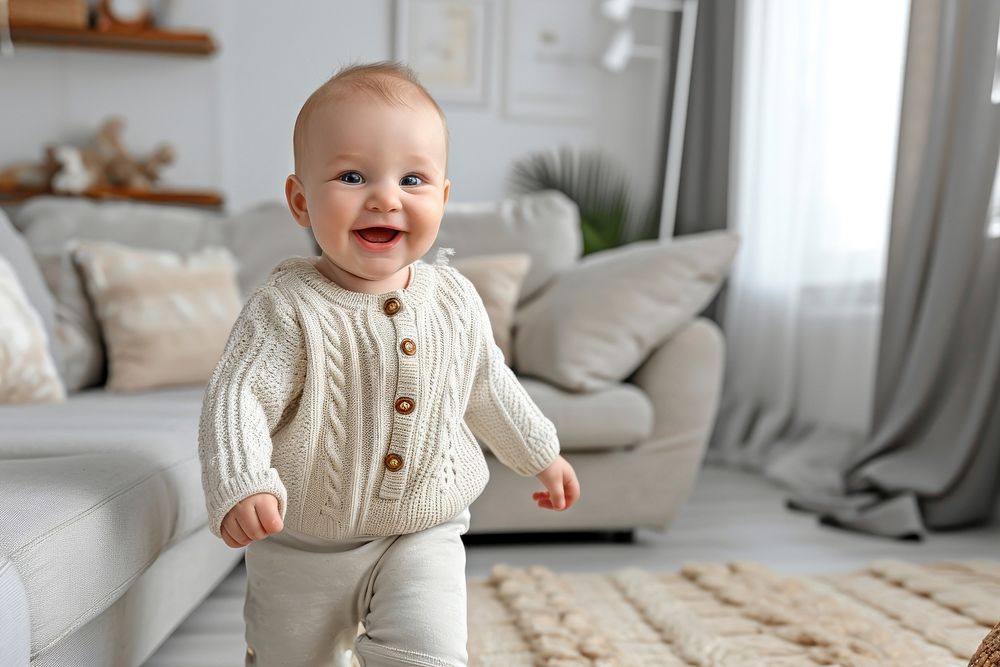 Happy baby walking in the house sweater beginnings innocence.