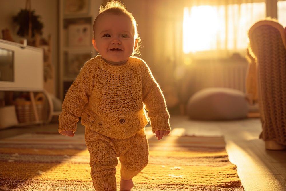Happy baby walking in the living room innocence portrait flooring.